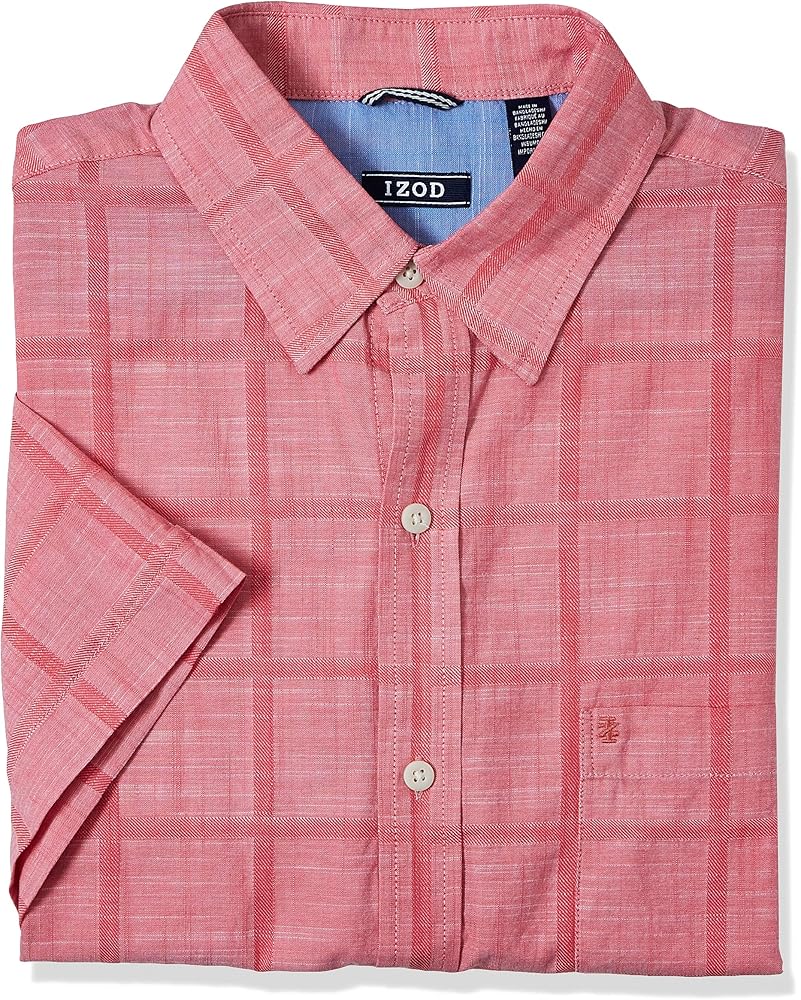 IZOD Men's Big and Tall Saltwater Short Sleeve Windowpane Button Down Shirt