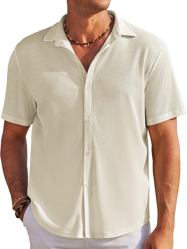 COOFANDY Men's Casual Shirts Short Sleeve Waffle Knit Button Down Shirt Summer Beach Tops