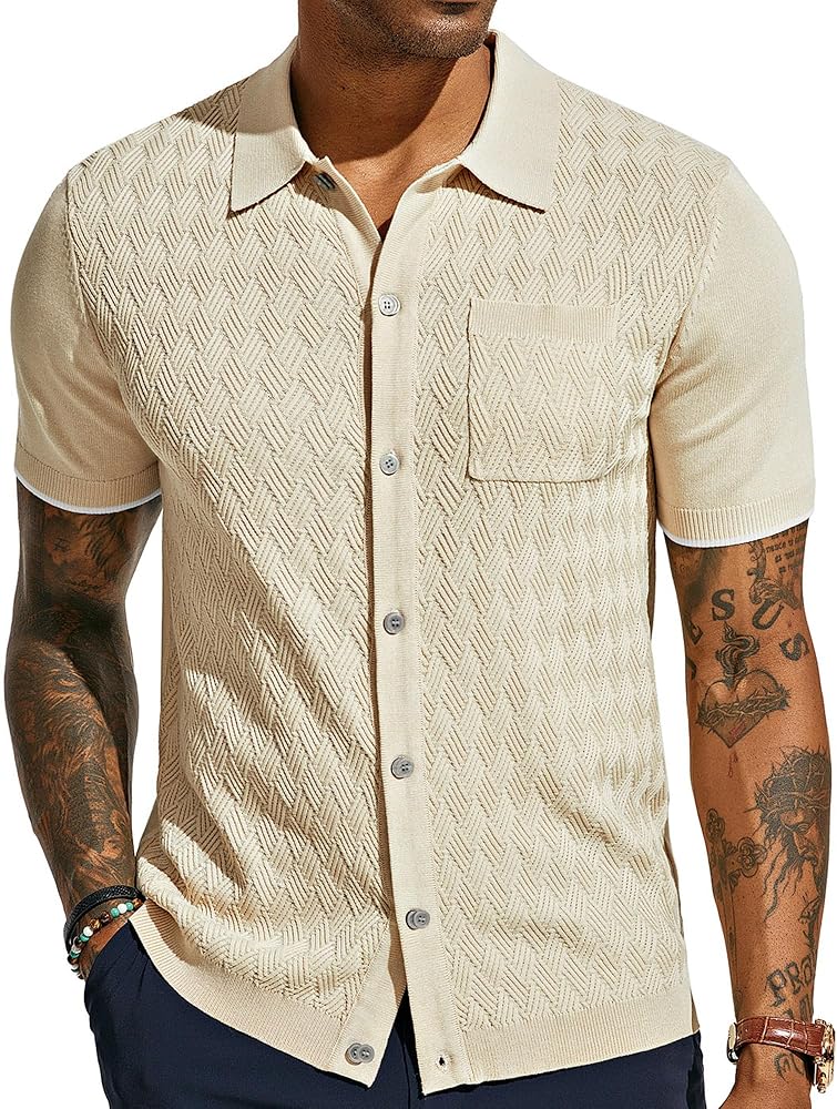 PJ PAUL JONES Mens Polo Shirt Short Sleeve Casual Knit Textured Button Down Polo Shirts with Pocket