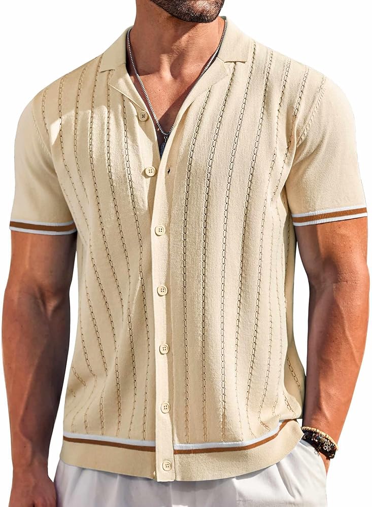 COOFANDY Men's Short Sleeve Knit Shirt Casual Button Down Shirt Vintage Striped Knitted Golf Beach Tops