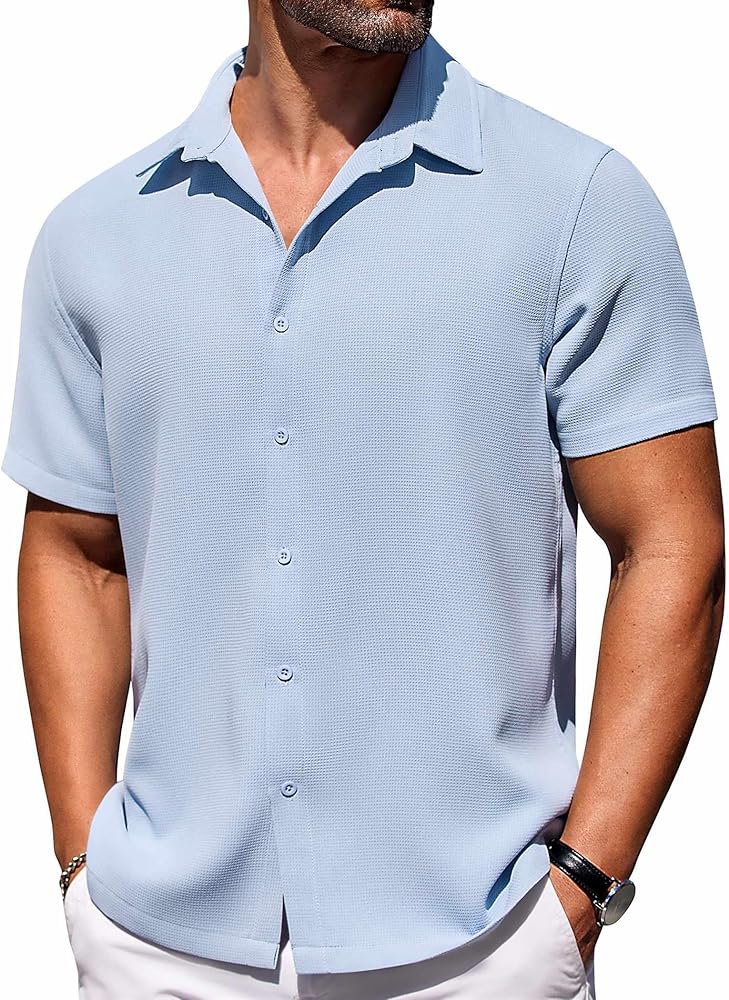 COOFANDY Mens Waffle Shirt Short Sleeve Button Down Shirts Casual Beach Vacation Shirts Textured Wrinkle Free Shirts