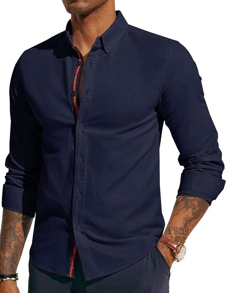 PJ PAUL JONES Men's Linen Shirts Long Sleeve Casual Button Down Shirt Breathable Dress Shirts