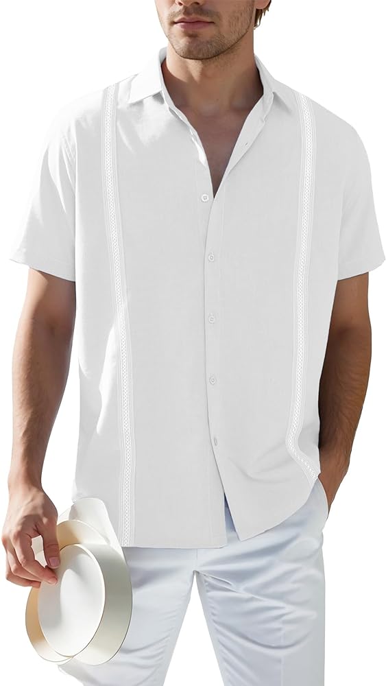 Men's Summer Casual Embroidered Cuban Guayabera Linen Shirts for Men Short Sleeve Button down Cotton Beach Tops