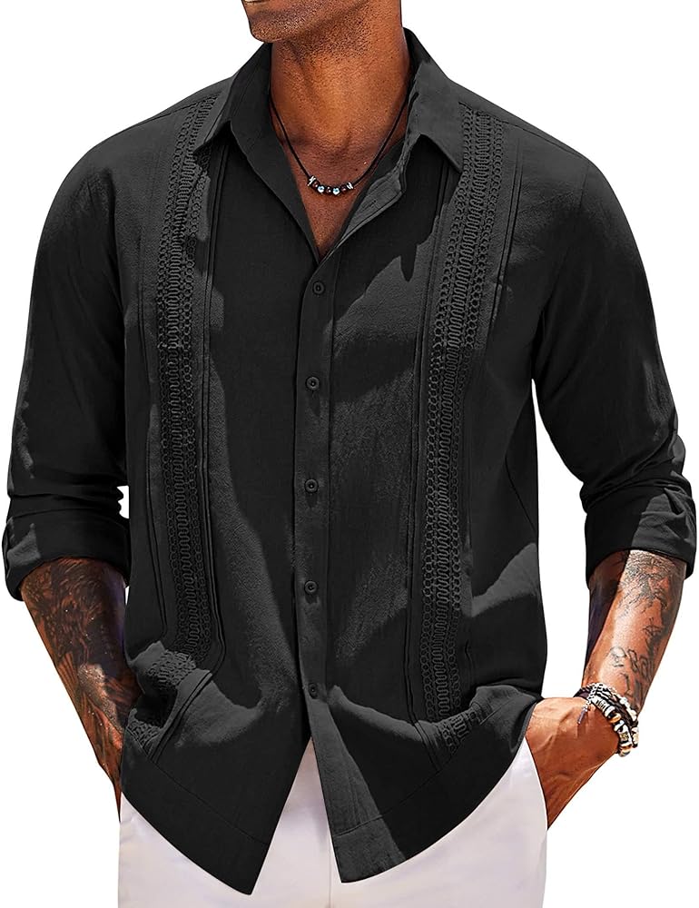 COOFANDY Men's Cuban Guayabera Shirts Long Sleeve Casual Button Down Shirt Cotton Beach Tops