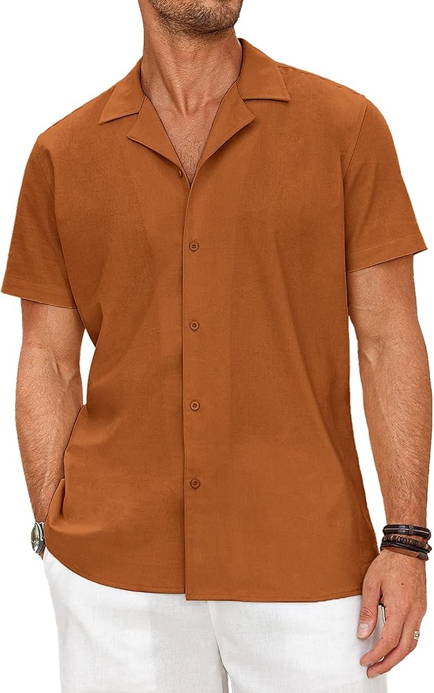 COOFANDY Men's Linen Button Down Shirts Short Sleeve Shirts Relaxed Fit Beach Shirt C-Brown, XX-Large