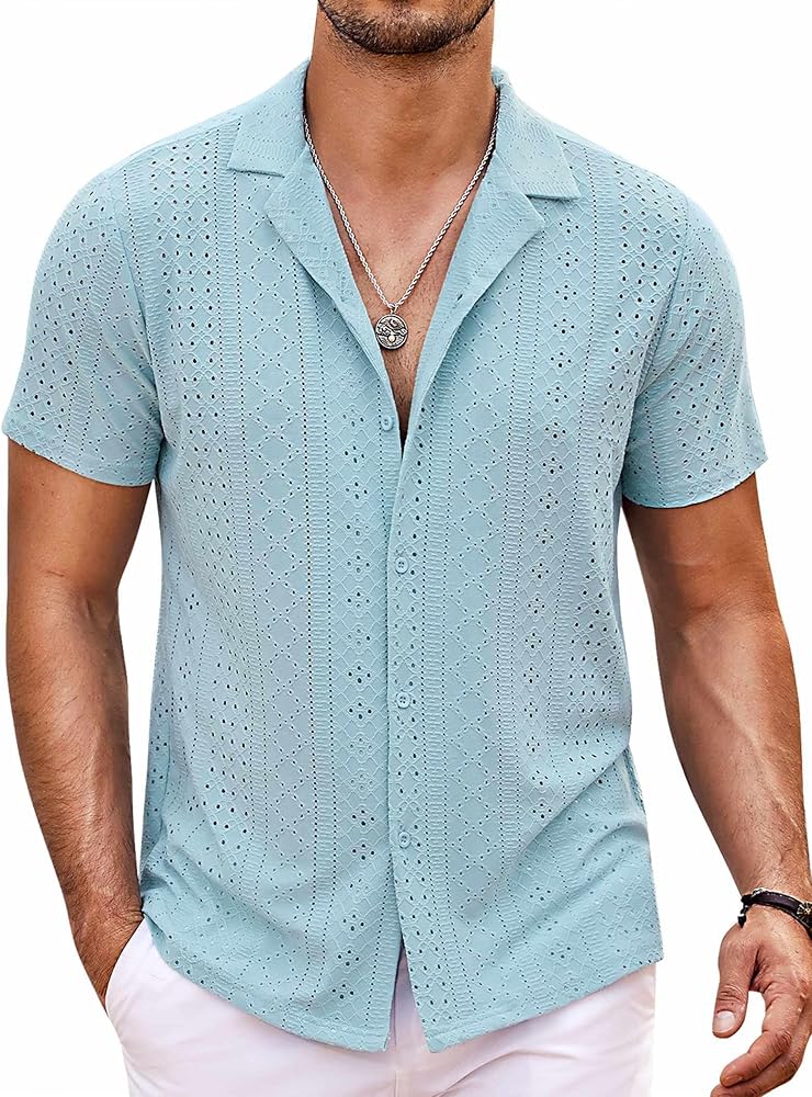 COOFANDY Mens Beach Shirt Short Sleeve Button Down Shirts Casual Cuban Collared Summer Vacation Tropical Shirts