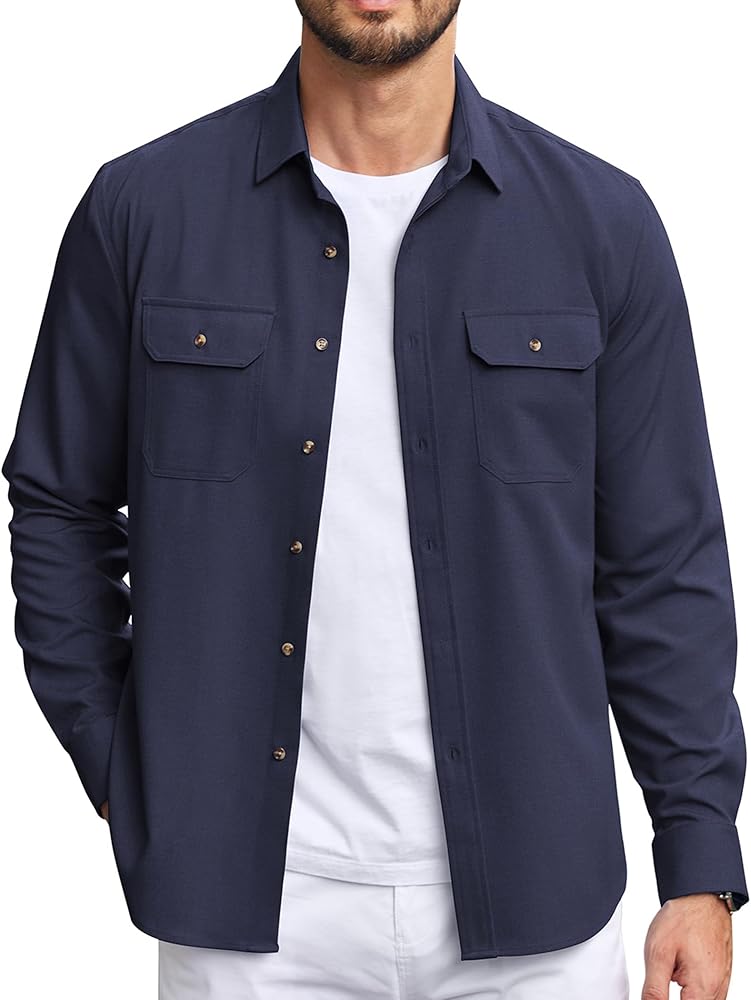 COOFANDY Mens Casual Button Down Shirts Long Sleeve Wrinkle-Free Shirt Lightweight Shirt Jacket