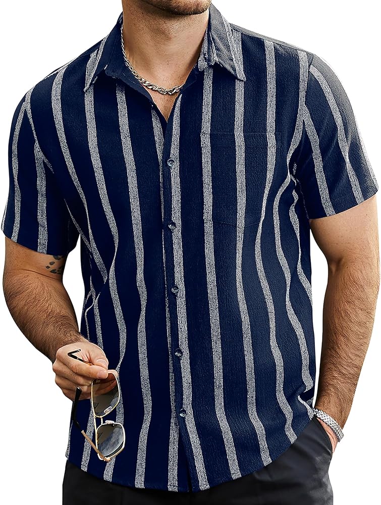 VATPAVE Mens Summer Striped Shirts Button Down Short Sleeve Vintage Beach Hawaiian Shirts with Pocket