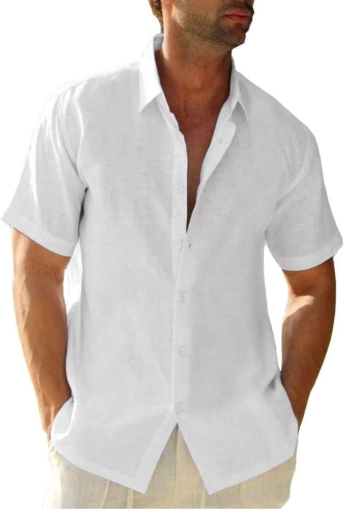 Mens Casual Linen Button Down Short Sleeve Shirts Beach Summer Spread Collar Pocket Tops