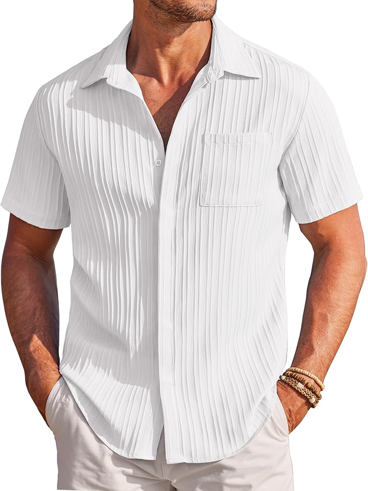 COOFANDY Mens Casual Shirts Short Sleeve Button Down Shirts Fashion Textured Summer Beach Shirt