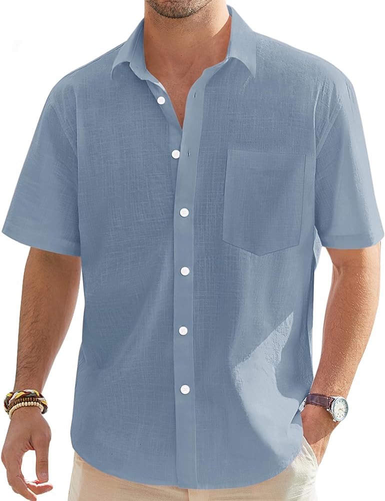 J.VER Men's Cotton Linen Short Sleeve Shirts Casual Lightweight Button Down Shirts Vacation Beach Summer Tops with Pocket