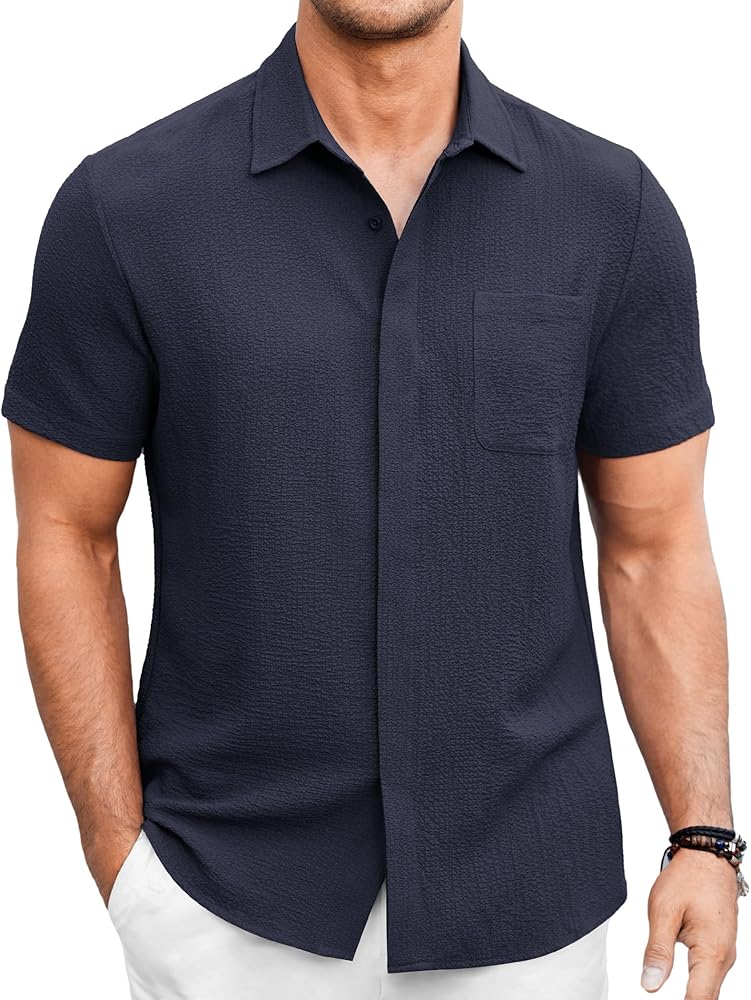 COOFANDY Men's Casual Shirt Short Sleeve Button Down Summer Beach Textured Shirt