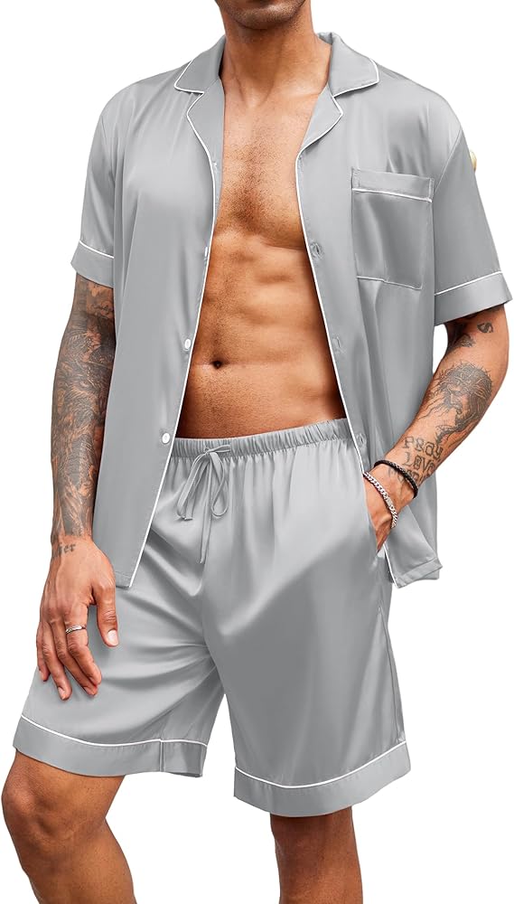 Ekouaer Mens Satin Pajamas Set Button-Down Short Sleeve Shirt Top Soft Silk Sleepwear Loose Pocket Pant Loungewear