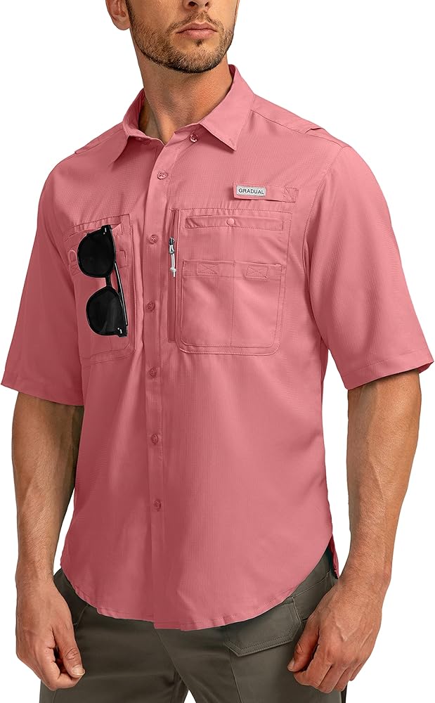 Men's Fishing Shirts with Zipper Pockets UPF 50+ Lightweight Cool Short Sleeve Button Down Shirts for Men Casual Hiking