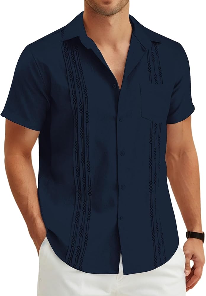 Men's Casual Summer Short Sleeve Cuban Guayabera Shirts Button Down Linen Shirts for Men Cotton Beach Tops with Pocket