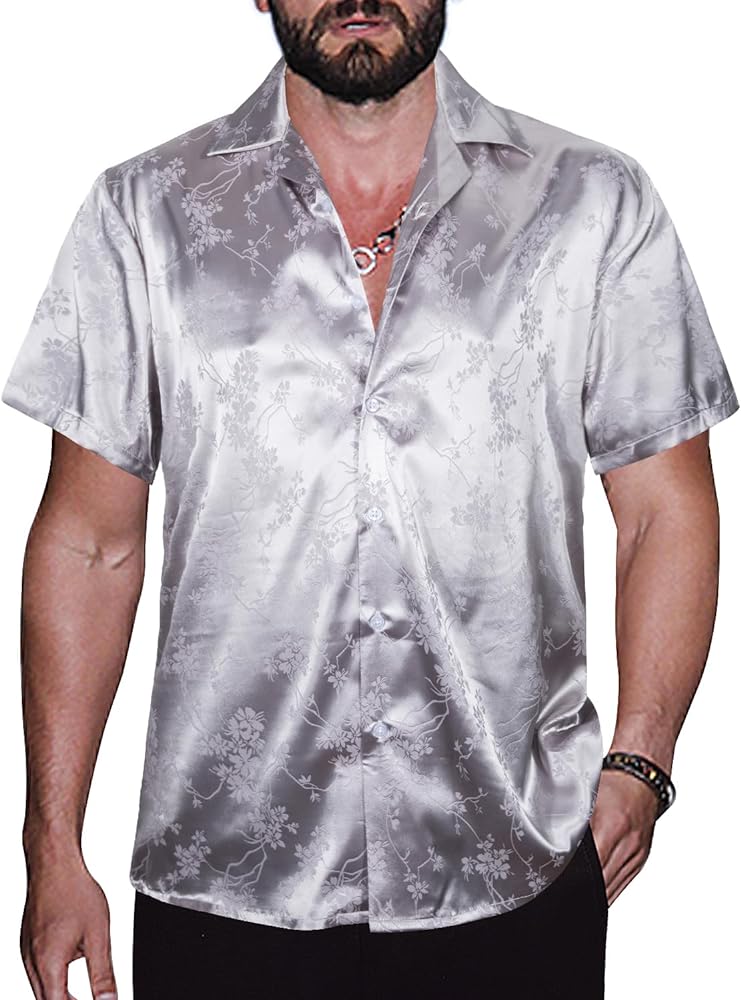 TUNEVUSE Men Satin Shirt Shiny Short Sleeve Floral Button Down Jacquard Dress Summer Solid Shirt Tops S-5XL