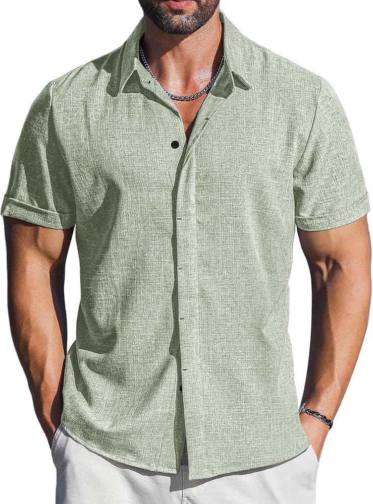 Men's Linen Shirts Short Sleeve Casual Button Down Shirt for Men Summer Beach Vacation Shirt