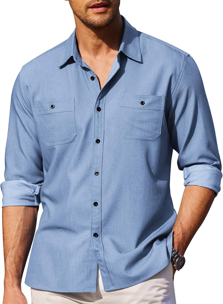 COOFANDY Mens Casual Button Down Shirts Long Sleeve Chambray Shirts Wrinkle Free Shirt