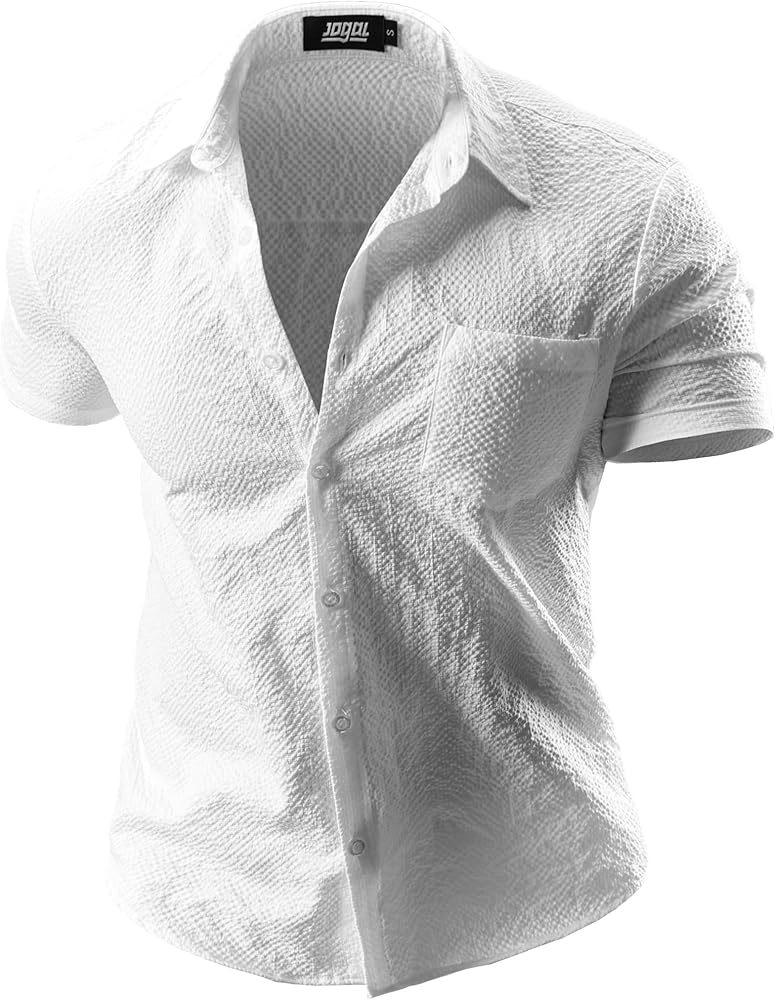 JOGAL Men's Casual Button Down Muscle Fit Shirts Short Sleeve Solid Lightweight Shirts Textured Summer Beach Wedding Shirts