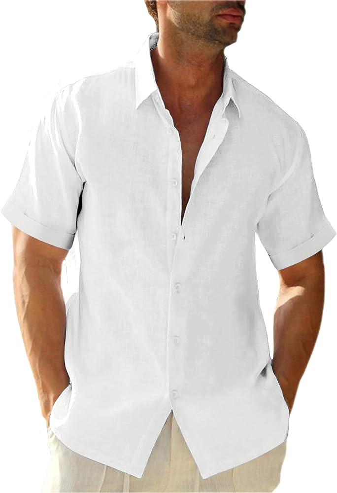 Mens Short Sleeve Shirts Button Down Tops Fishing Tees Spread Collar Plain Summer Blouses