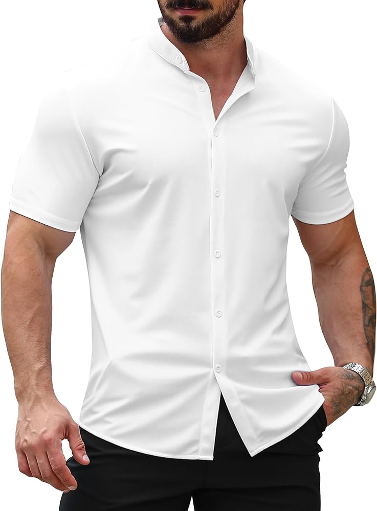 URRU Men's Muscle Dress Shirts Slim Fit Stretch Banded Collar Short Sleeve Wrinkle Free Casual Button Down Shirts