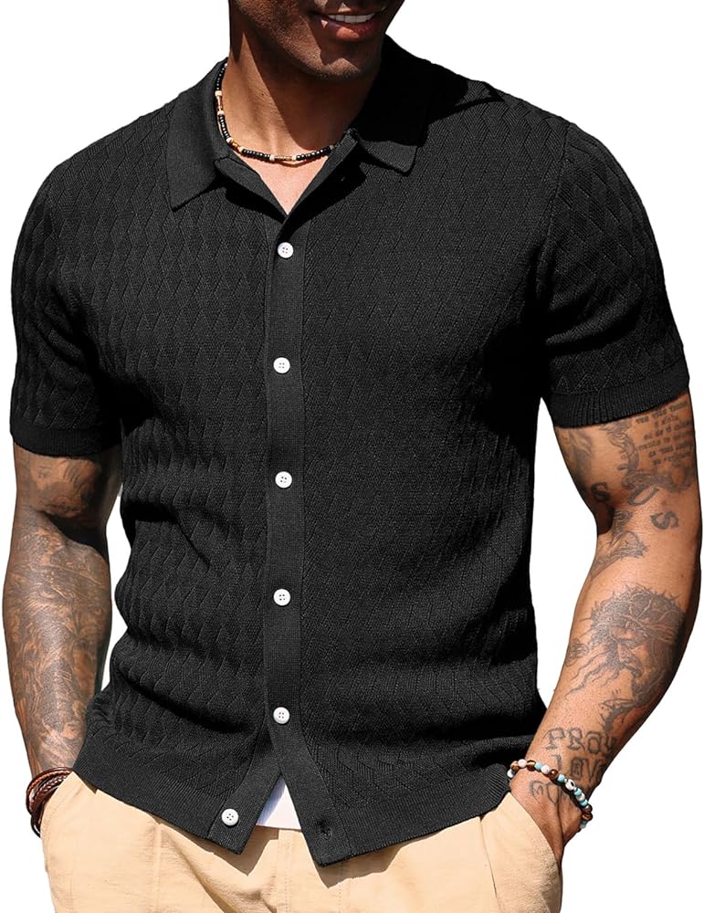 PJ PAUL JONES Mens Polo Shirt Knit Textured Short Sleeve Golf Shirt Button Down Knitwear