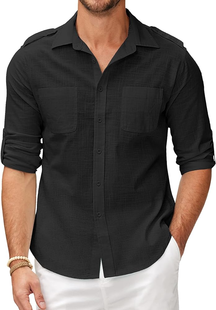 COOFANDY Linen Casual Button Down Shirts for Men,Long Sleeve Spread Collar Lightweight Beach Plain Tops with Pockets(Black,Large)