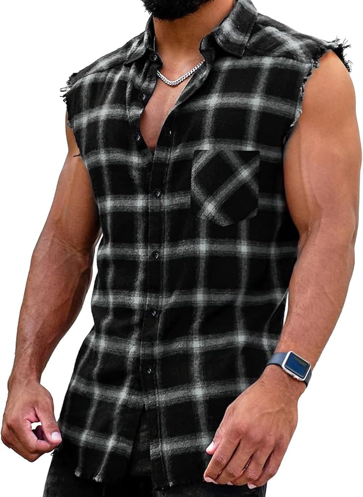 Men's Sleeveless Flannel Shirt - Plaid Design for Summer Wear Casual Button-Down Vest Shirts