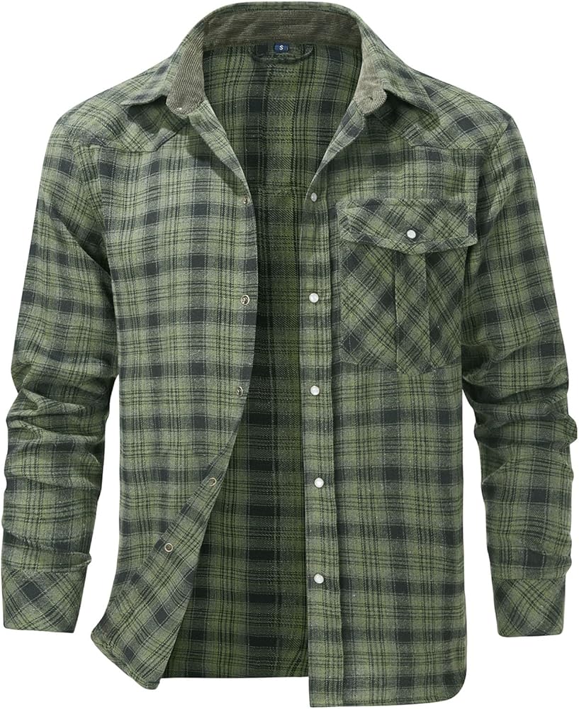 Flygo Men's Flannel Shirts Pearl Snap Long Sleeve Checkered Western Cowboy Brushed Plaid Regular Fit Shirt