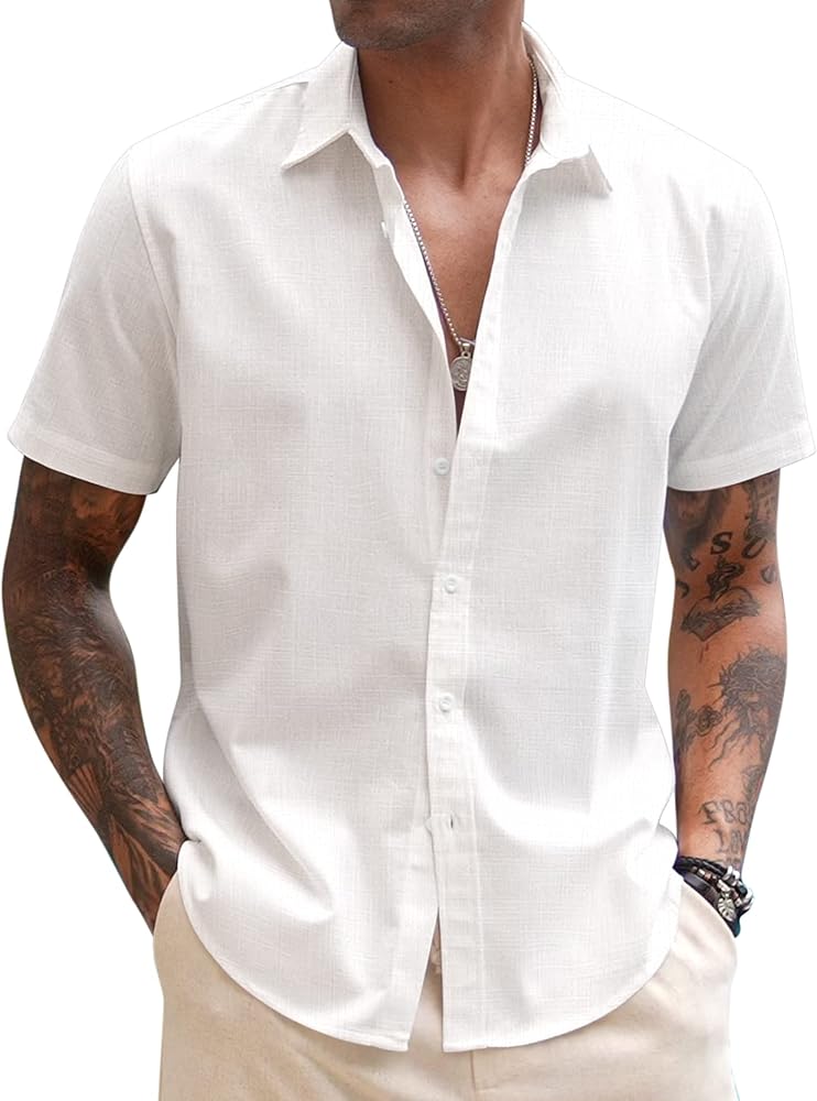 COOFANDY Men's Linen Casual Short Sleeve Shirts Button Down Summer Beach Shirt