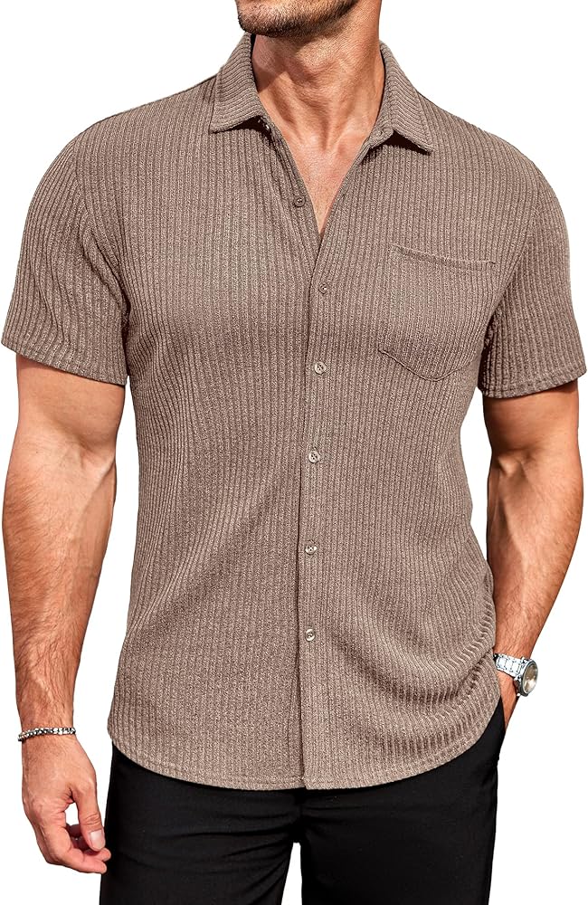 COOFANDY Men Muscle Fit Dress Shirts Slim Fit Knitted Short Sleeve Casual Button Down Shirt