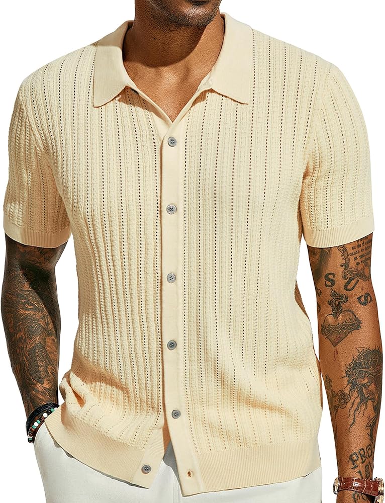 PJ PAUL JONES Mens Short Sleeve Knit Shirts Casual Button Down Polo Shirt Hollow Out Beach Shirt