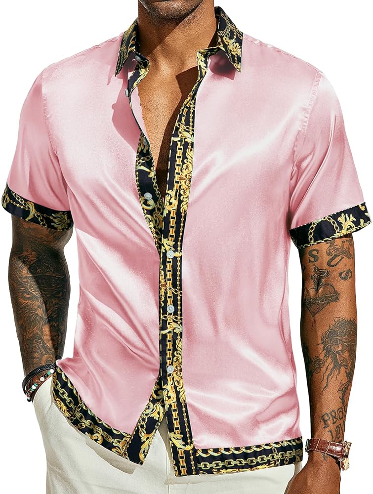 PJ PAUL JONES Mens Button Down Shirt Casual Stretch Satin Silk Shirts Hawaiian Beach Shirts