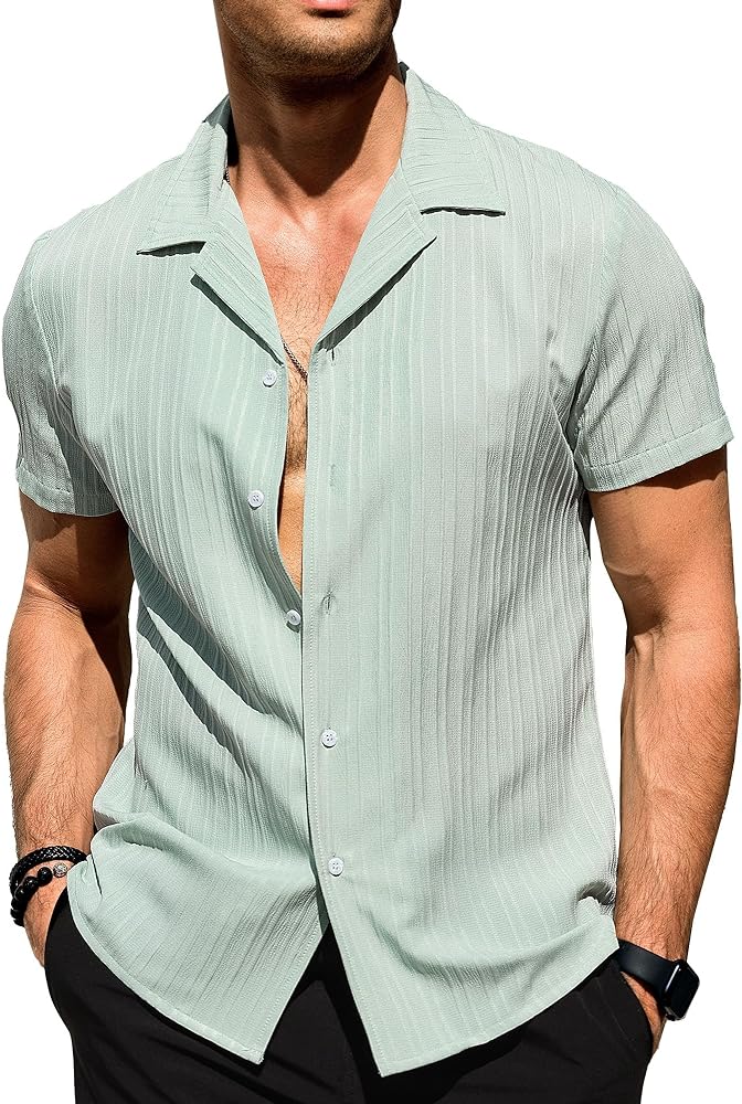 Men's Casual Button Down Shirts Short Sleeve Cuban Collar Shirt Summer Beach Stripe Texture Guayabera Shirts for Men