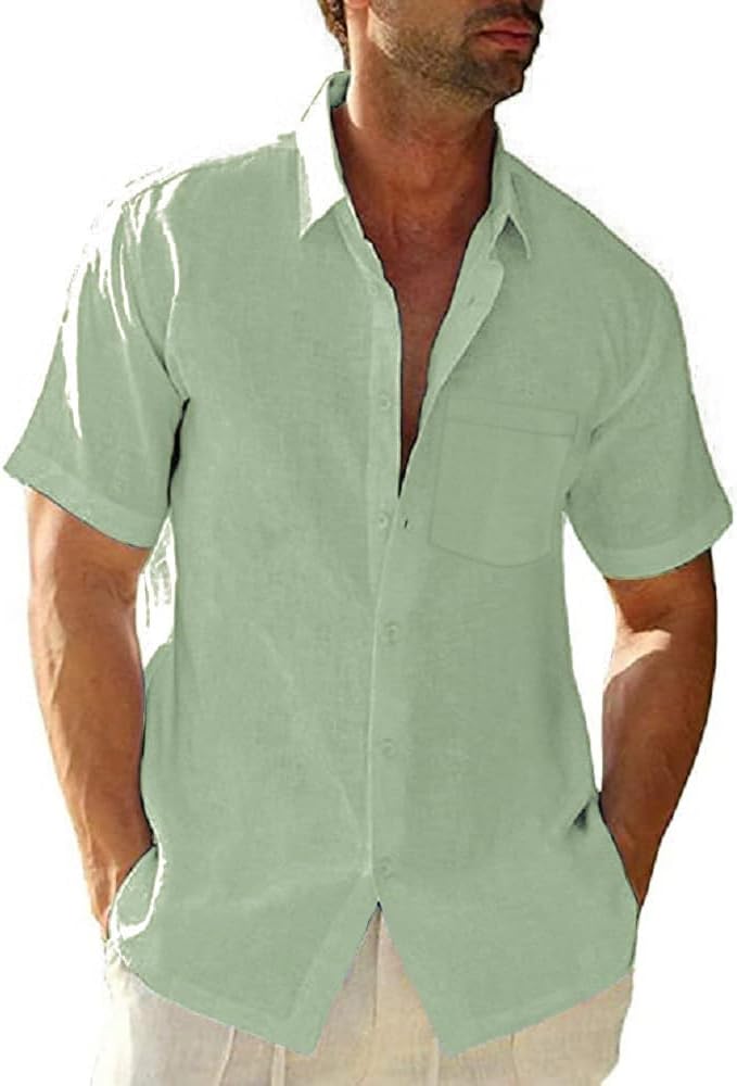 Mens Casual Linen Button Down Short Sleeve Shirts Beach Summer Spread Collar Pocket Tops