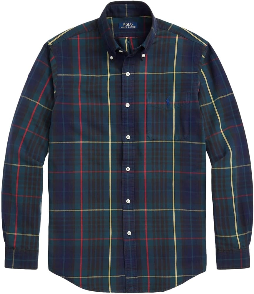 POLO RALPH LAUREN Men's Long Sleeve Oxford Button Down Shirt (M, PlaidGreenNavy)