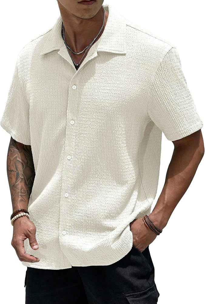 COZYEASE Men's Button Down Shirt Short Sleeve Casual Dress Shirts Summer Beach Shirt for Mens