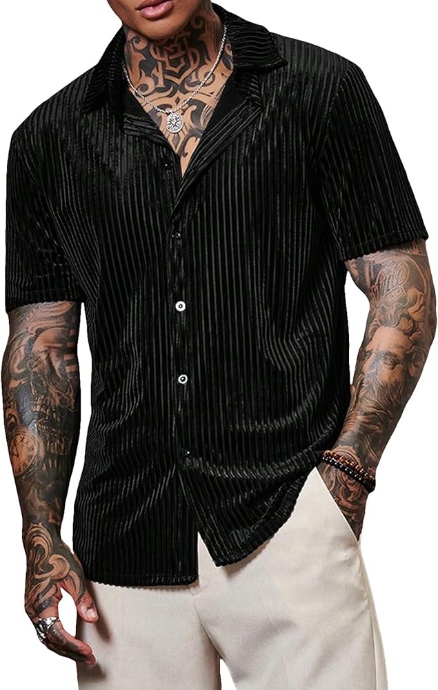 Verdusa Men's Button Front Short Sleeve Collar Velvet Shirt Tops CasualShirts