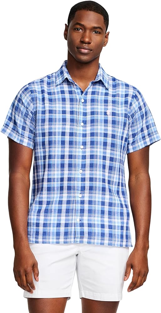 IZOD Men's Short Sleeve Madras Button Down Shirt