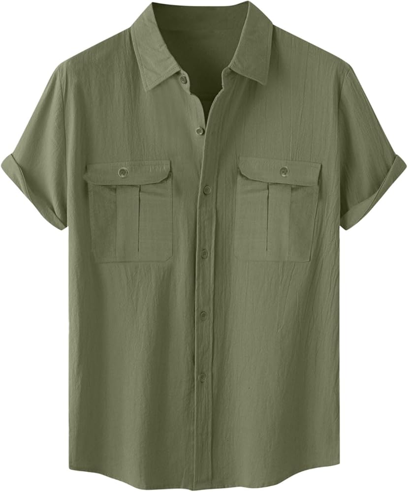 Linen Shirts for Men Short Sleeve Button Down Shirts Casual Summer Beach Tops Stylish Dress Shirt with Pockets