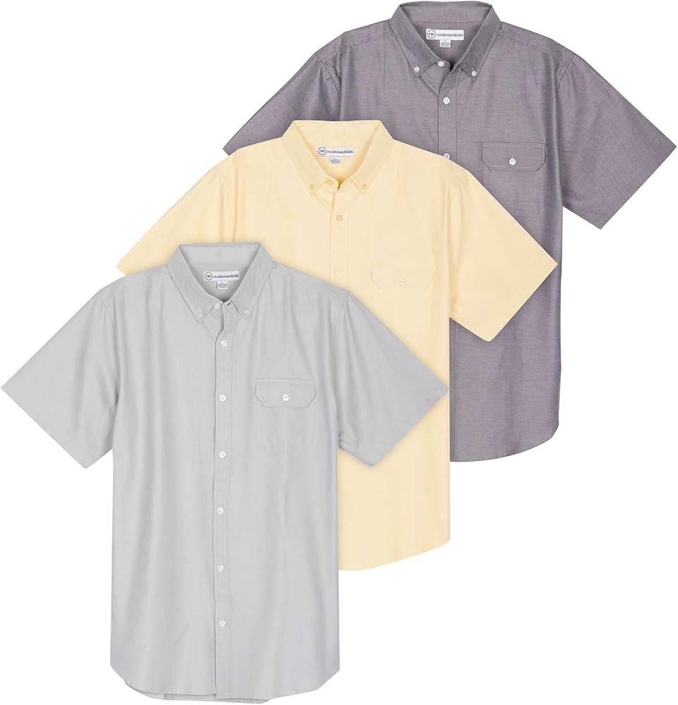 Real Essentials 3 Pack Men's Short-Sleeve Oxford Solid Button Down Collar Casual Shirts with Pocket (Available in Big & Tall)