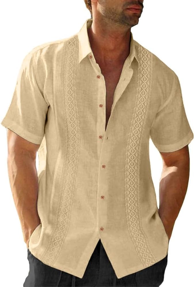 JMIERR Mens Cotton Linen Guayabera Shirts Casual Button Up Short Sleeve Summer Beach Shirt