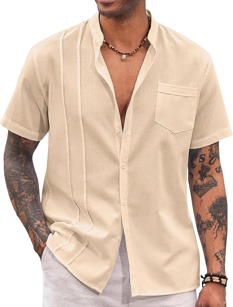 COOFANDY Men's Cuban Guayabera Shirt Cotton Linen Short Sleeve Button Down Shirts Casual Band Collar Summer Shirt