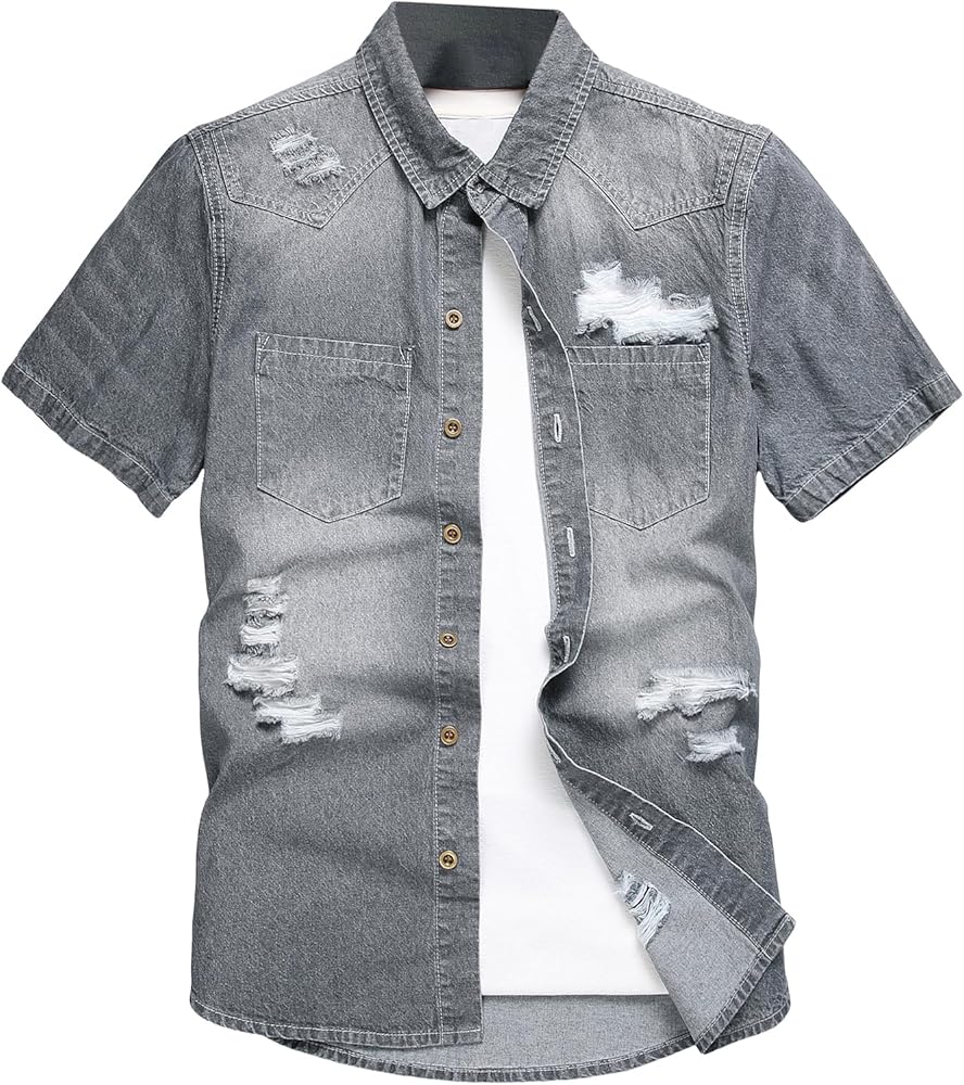 Floerns Men's Causal Ripped Button Front Dual Pocket Short Sleeve Denim Shirt without Tee