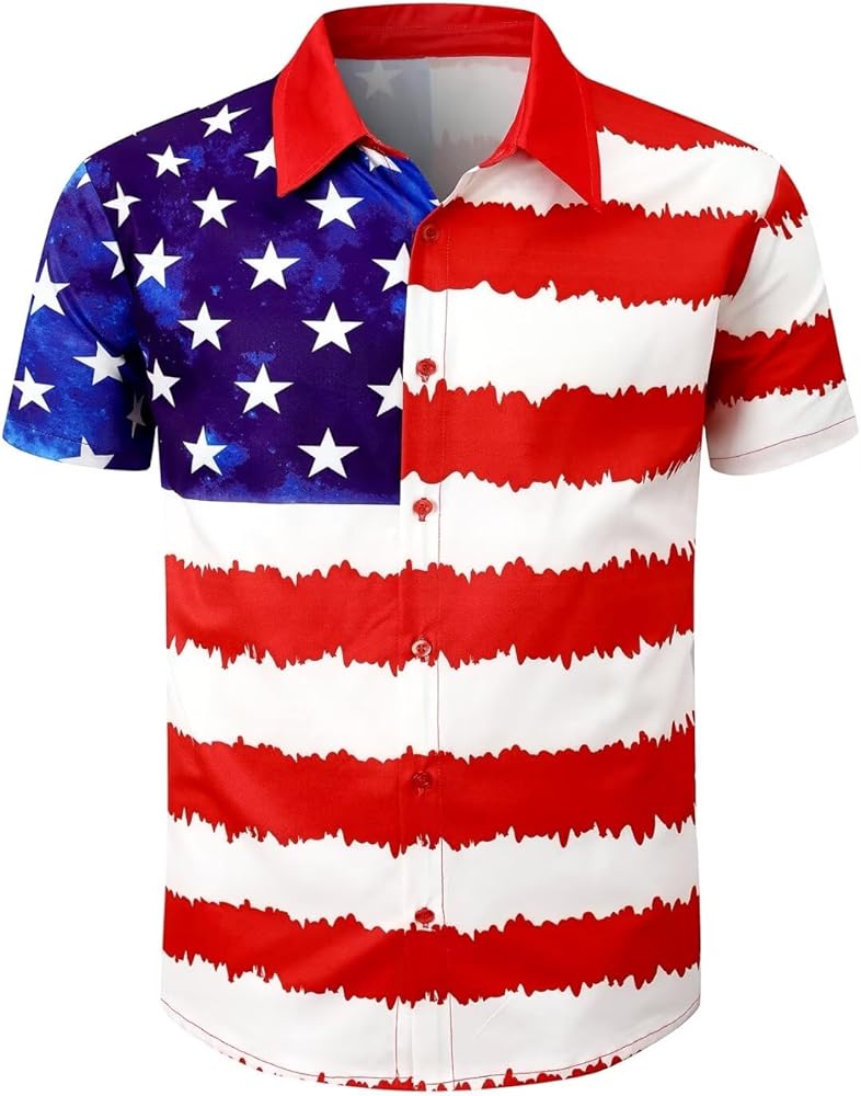 Men's 4th of July Shirt American Flag Texas Flag Button Up Hawaiian Short Sleeve Party Shirt, S-4XL