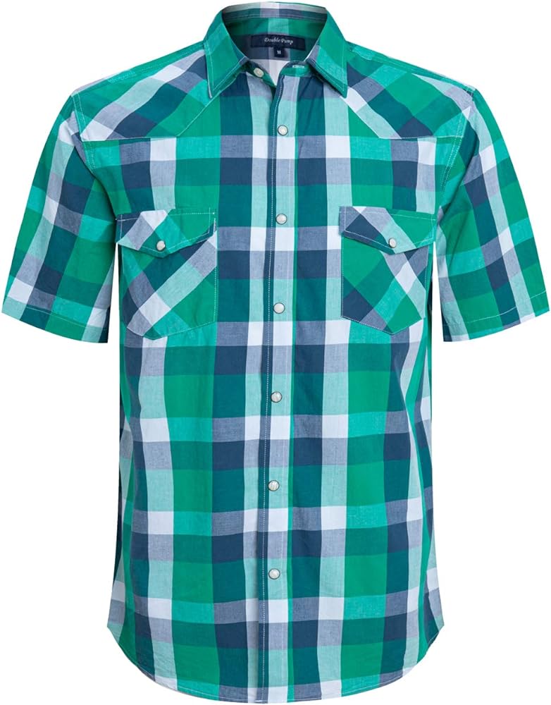 Mens Short Sleeve Western Shirts with Pearl Snap Button Up Casual Regular Fit Plaid Shirts