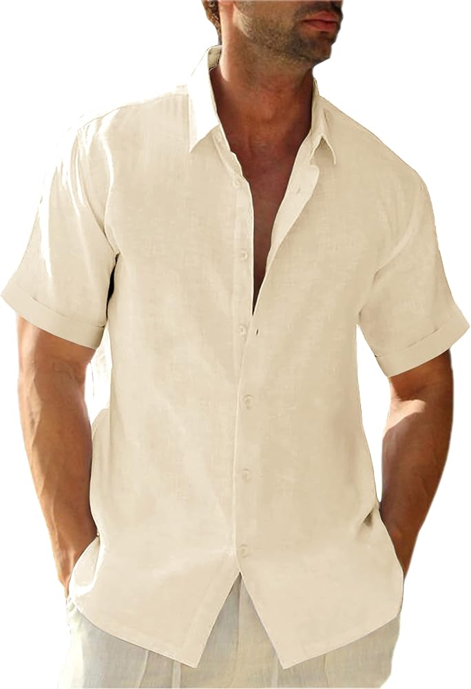 Men's Casual Linen Button Down Short Sleeve Shirt Button Up Summer Beach Cotton Speard Collar Tops