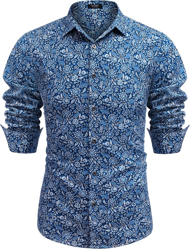 COOFANDY Men's Paisley Cotton Long Sleeve Shirt Floral Print Casual Retro Button Down Shirt