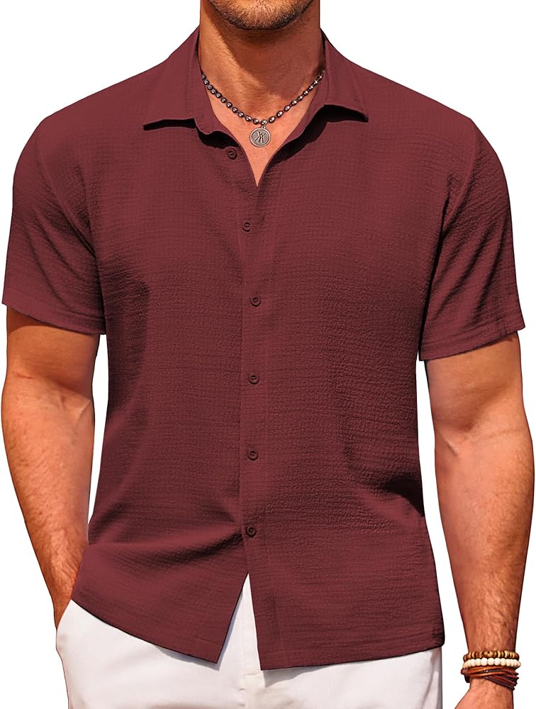 COOFANDY Men's Casual Short Sleeve Button Down Shirt Textured Summer Beach Shirt