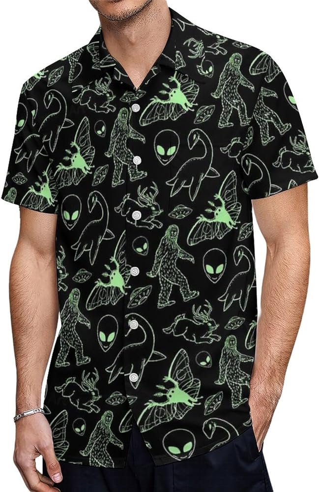 Green Lines Cryptid Pattern Men's Shirts Short Sleeve Hawaiian Shirt Beach Casual Work Shirt Tops